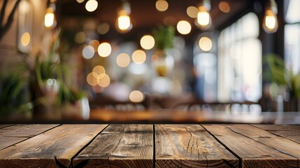 Empty wooden table with blurred background of cafe and restaurant.