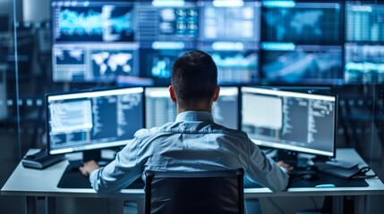 Digital Defender Cybersecurity Expert Safeguarding Networks in HighTech Office