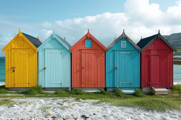 A row of colorful beach huts along a sandy shore, each painted in bright, cheerful colors.