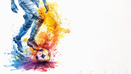 Fototapeta premium Colorful watercolor of a soccer football player's leg kicking ball at game