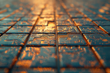 Naklejka premium Intricate circuit board etched with copper pathways, a microcosm of the complex connections that power artificial intelligence and revolutionize industries.