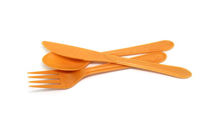 Biodergradable cutlery isolated on white background. Spoon, knife, fork.