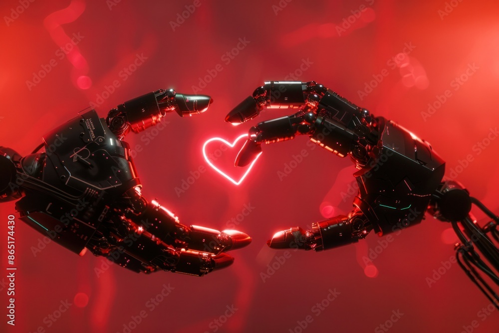 Aufkleber robotic hands creating heart shape in front of vibrant red light background for medical, technology 