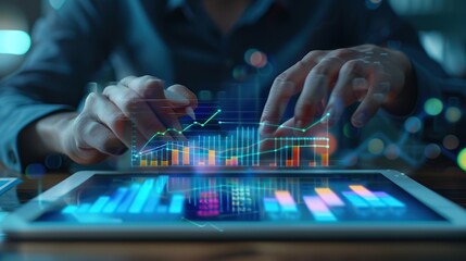 Close-up of hands using a tablet with a glowing graphic of a line and bar chart.