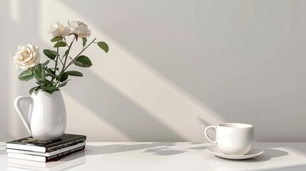 A white coffee cup with cream sits on a white table with a stack of books next to a vase of white and cream flowers. The room is bright and airy