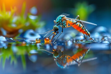 Fototapeta premium Close-up of a colorful mosquito perched on water with vibrant background, showcasing nature's intricate details and beauty.