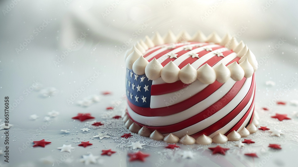 Poster a cake decorated with an american flag design, sitting on a simple white tablecloth with lots of emp