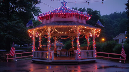 A charming small-town gazebo decorated with red, white, and blue lights and flags for Independence...