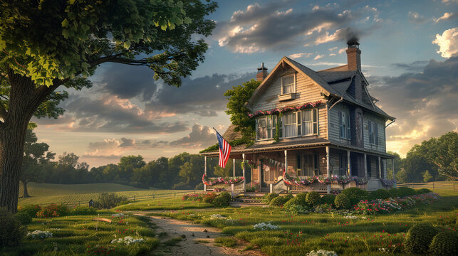 A classic American farmhouse decorated with flags and bunting, surrounded by lush green fields.