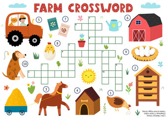 Crossword for kids with cute farm characters. Word search puzzle. Educational game with horse, dog, tractor, barn and more. Vector illustration