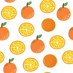 Doodle orange seamless pattern. Fresh fruit background in cartoon style. Great for fabric, wrapping and food packaging. Vector illustration