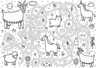 Help mother goat to find a way to her baby kid. Farm maze activity in black and white for kids. Mini game in outline for school and preschool. Vector illustration