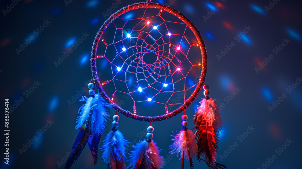 Poster a dream catcher featuring an intricate web design with tiny led lights in red, white, and blue, crea