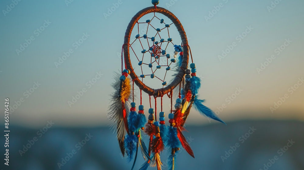 Poster a dream catcher with an american flag-inspired design, the web forming a wavy flag shape, and string