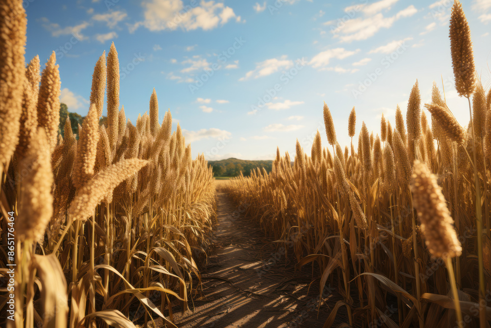 Poster endless rows of millet swaying gently, showcasing the adaptability and resilience of this nutritious
