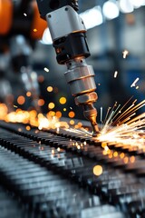 Close-up of an industrial robot welding a metal piece, emitting sparks in a modern manufacturing facility.
