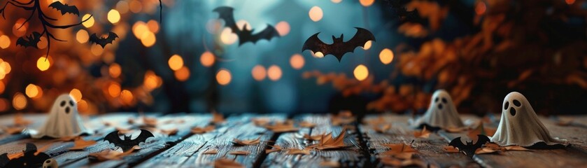 Halloween scene with ghost decorations and flying bats in a forest setting, illuminated by bokeh lights and scattered autumn leaves.