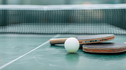 A green surface with two red table tennis paddles and a red ball