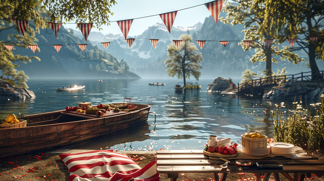 A peaceful lakeside picnic setup with a rowboat nearby, all adorned with patriotic colors and decorations. - Powered by Adobe