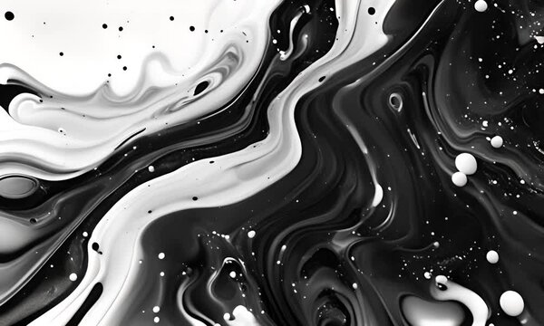 Beautiful Black and White Liquid Swirls with White Particles. Modern Marbling Background. Generative AI. 4K Video