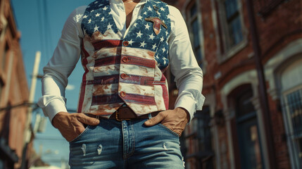 A striking vest with an American flag pattern, worn over a crisp white shirt and paired with blue jeans, ideal for a patriotic celebration.