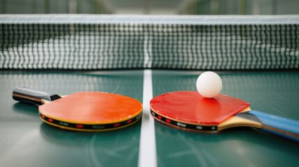 A green surface with two red table tennis paddles and a red ball