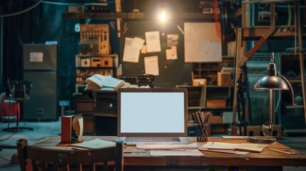 Creative Vision Theatrical Director Crafting a Masterpiece with Laptop and Stage Designs in Backstage Office