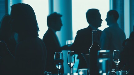 Silhouetted business people networking with wine glasses at a formal event in a modern setting.