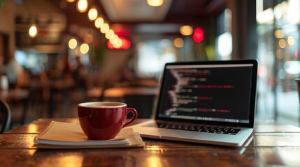 Fototapeta premium Digital Creativity Modern Web Developer Crafting Code in Stylish Cafe with Coffee and Notepad