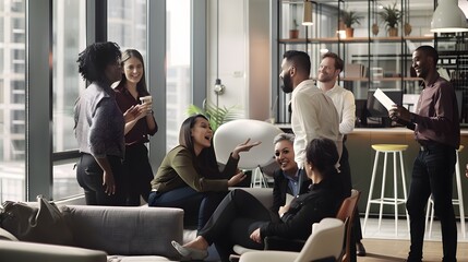 Diverse group of coworkers engaged in lively conversation in a modern office setting.
