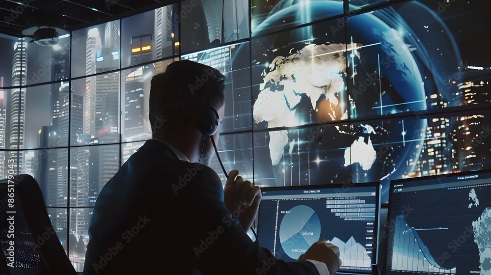 Poster businessman analyzing financial data on multiple screens in a high-tech monitoring room