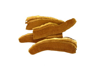 Dried lingzhi mushroom slice (Also called as Reishi mushroom in Japan, Lingcheu in Thailand, Lingzhi mushroom in China, Ganoderma Lucidum Karst or lacquered mushroom) on white. Reishi slice isolated