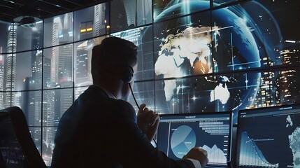 Businessman analyzing financial data on multiple screens in a high-tech monitoring room
