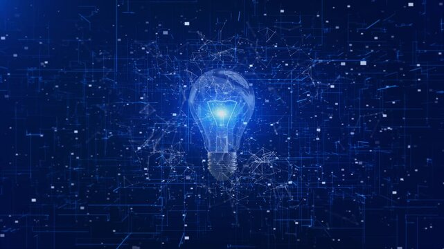 Light bulb idea icon circuit board Light bulb made of glowing circuit board electrons cyberspace background. Concept of business invention or innovation, tech idea and microchip connections.