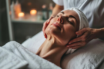 A beautiful woman with a mask on her face in a beauty salon. Skin care and treatment, spa, anti-aging. 