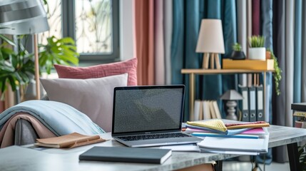 Fototapeta premium Modern Interior Designer Creative Workspace with Technology and Fabrics for Stylish Home Decor Ideas