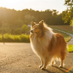 A fluffy Shetland Sheepdog stands on a countryside road amidst vibrant green hills.