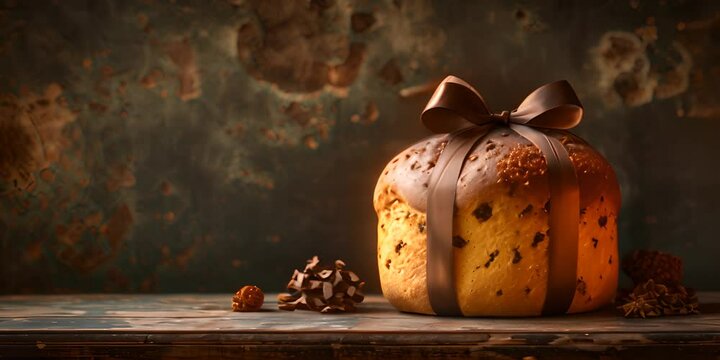 A freshly baked panettone, adorned with a decorative ribbon, stands against a rustic brick background 4K Video