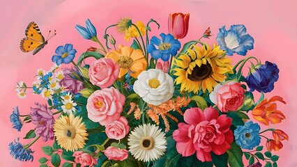 Colorful flowers arranged on a pink background