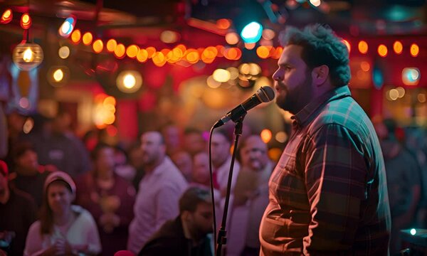 Obese comedian telling jokes in a comedy club. 4K Video