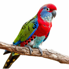 Fototapeta premium A colorful rosella parrot with its vibrant red, blue, and green feathers, perched on a branch, isolated on white background.