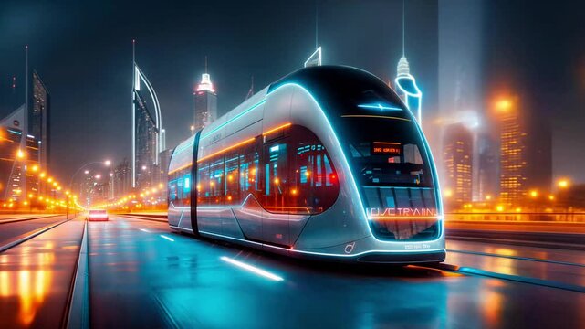 A futuristic train is traveling down a city street at night.The train is surrounded by tall buildings and the city lights create a bright and lively atmosphere