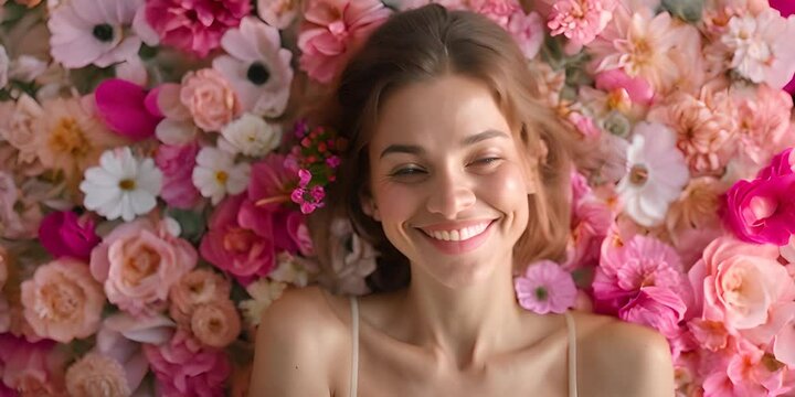 Smiling woman with smartphone besides a blooming flowers wall 4K Video