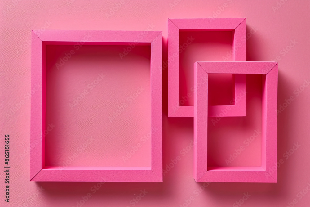 Poster a flat lay of three pink paper sheets arranged at an angle, creating geometric shapes on the solid c
