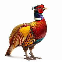 A majestic golden pheasant with its vibrant red and gold plumage, standing proudly, isolated on white background.