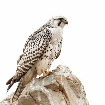 A striking gyrfalcon perched on a rocky ledge, its feathers ruffled by the wind, isolated on white background.