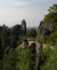 Landscape shot in the morning in a rocky landscape. On and around the Bastei Bridge in the Elbe Sandstone Mountains near Dresden, Saxony, Germany