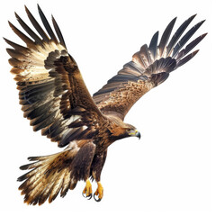 A majestic golden eagle in flight, wings spread wide and eyes keenly focused, isolated on white background.