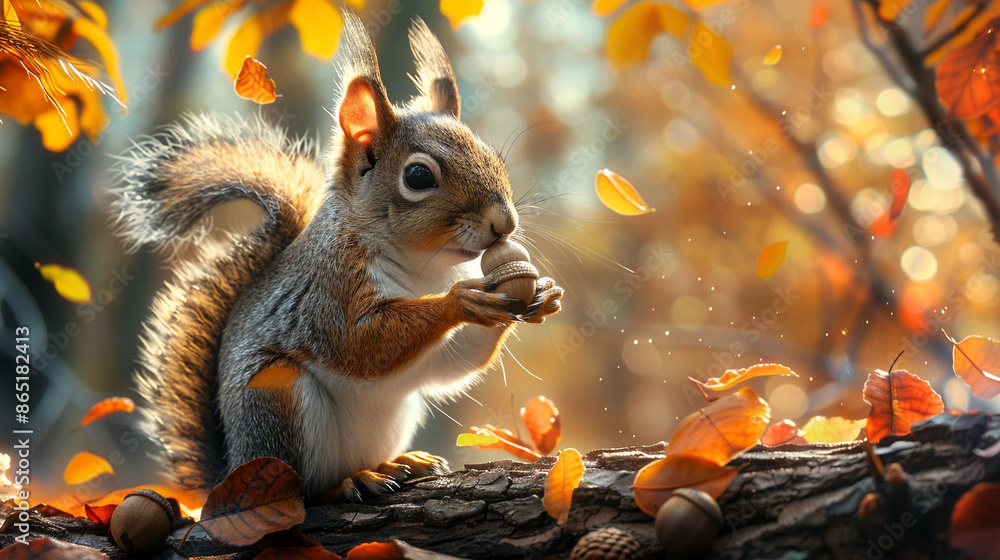 Poster a cheerful squirrel holding an acorn, sitting on a tree branch with autumn leaves surrounding it.
