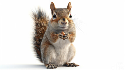 A cheerful squirrel holding an acorn, standing on its hind legs, isolated on a white background.